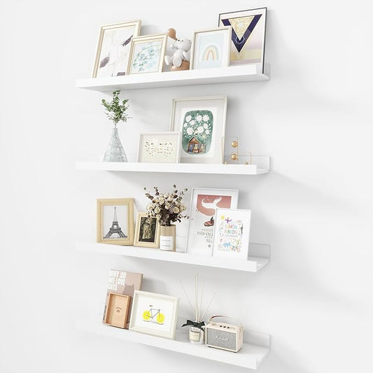 Picture Ledge Shelf, Wood Floating Shelves Set of 4, 24 inch Picture Ledge Shelves, Photo Ledge Nursery Book Shelves Wall Mounted for Living Room Kids' Room Bedroom, Color White