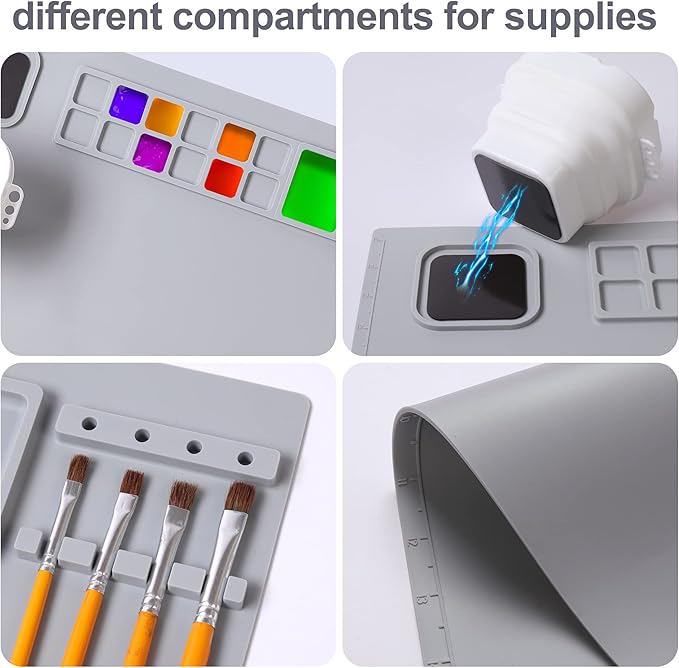 AWOKE Silicone Painting Mat - 20"X16" Silicone Art Craft Mat with 1 Water Cup for Kids -12 Color Dividers - 2 Paint Dividers (Grey)