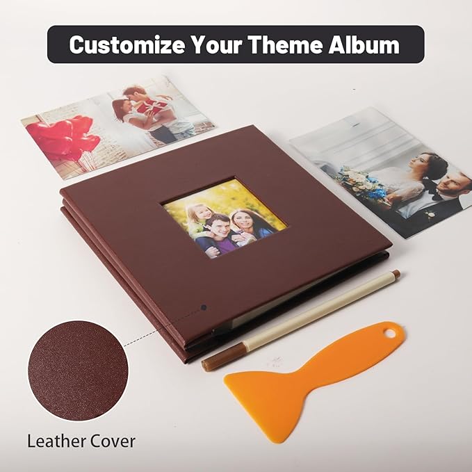 RECUTMS Small Photo Album Self Adhesive Scrapbook Magnetic Photo Albums for 4x6 5x7 8x10 Pictures for Baby Family Wedding 40 Pages with Metal Pen and Plastic Board (Brown)