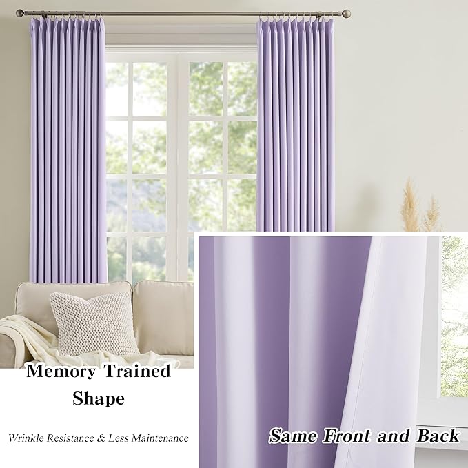 KEQIAOSUOCAI Pinch Pleated Lavender Blackout Curtains 63 Inches Long, Sound & Light Reducing Room Darkening Drape for Girl's Bedroom(Lavender, 2 Panels, W40 x L63)