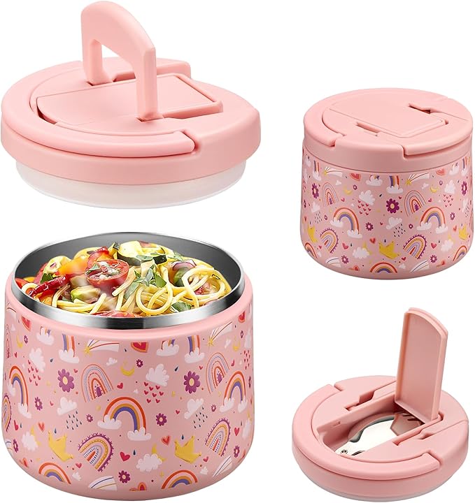 Soup Thermo for Hot Food Kids 14oz Lunch Containers with Buckle Lid Wide Mouth Hot Food Jar Vacuum Insulated Stainless Steel Bento Box Leakproof with Spoon(Rainbow)