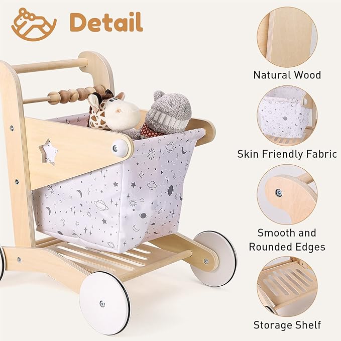 Wooden Baby Walker Doll Stroller | Adjustable Speed Shopping Cart for Toddlers 1-3 | Baby Push Walker - Pretend Play Grocery Cart | Natural Wood Stroller Push Toys for Babies Learning to Walk