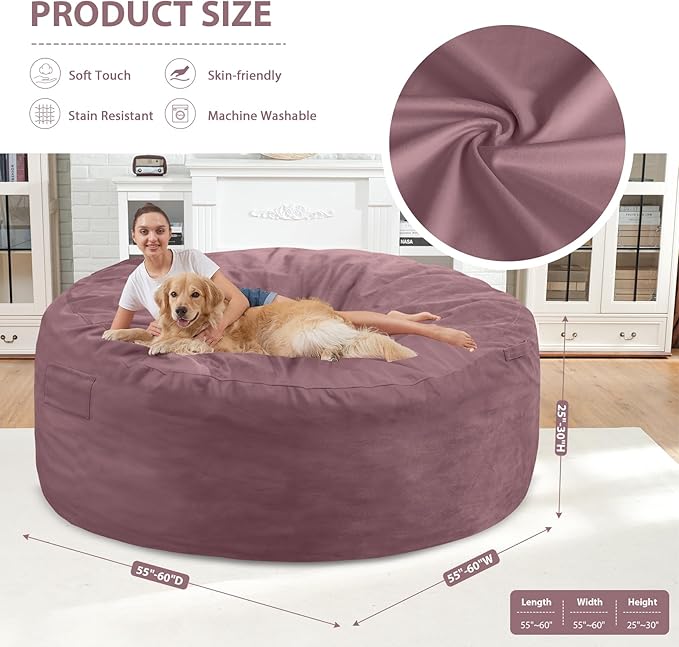 6FT Bean Bag Chair, Large Bean Bag Chairs with Memory Foam Filled, Fluffy Beanbag Sofa with Dutch Velvet Cover, Round BeanBag Chairs for Living Room, Playroom - Dusty Pink