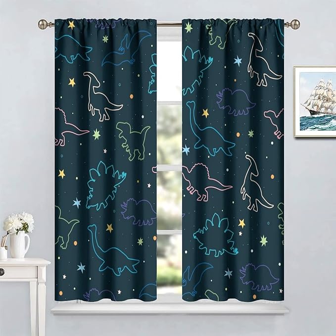 Cartoon Colorful Dinosaur Curtains for Kids Boys Girls Home Decor, Astronaut Funny Outer Space Star Blackout Rod Pocket Window Drapes for Bedroom Living Room W36xL63in 2 Panels
