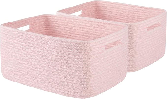OIAHOMY Storage Basket for Shelves, Closet Cube Storage Bins Baskets for Clothes Blanket Towels, Baby Nursery, Toy Baskets Box, Woven Rope Basket, 17.72*12.99*7.87 IN, 2 Packs Mixed Pink