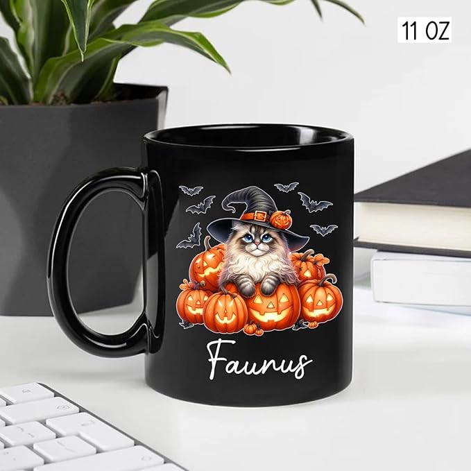 Personalized Ragdoll with Pumpkins Mug Gift for Halloween, Customized Name Ragdoll Witch Hat Coffee Cup, Unique Cat Breeds Ceramic Mug, Cat Dad Mom Halloween Cup, Black Tea Cups 11oz 15oz