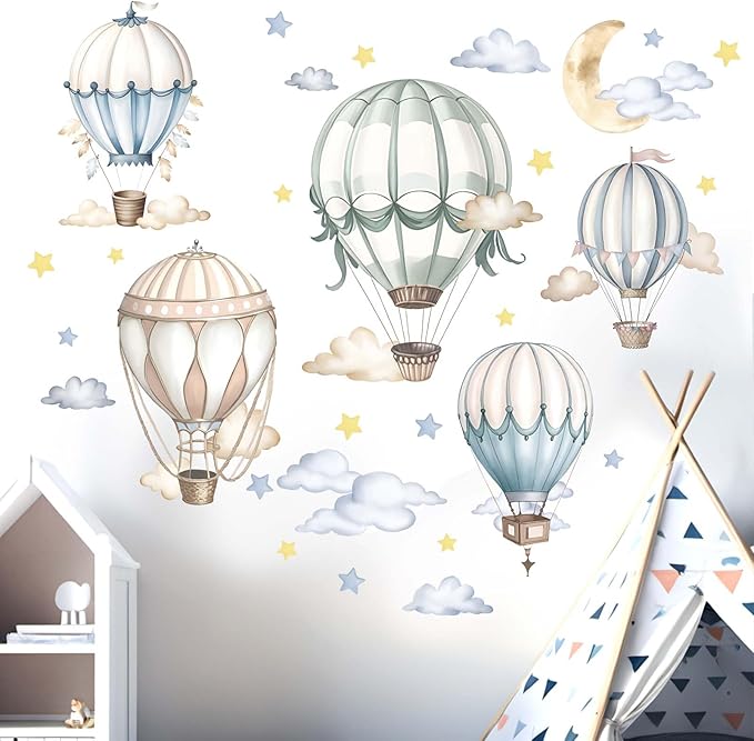 Baby Balloon Wall Stickers for Nursery: Kids Boys Girls Bedroom Wall Decals - Hot Air Balloon Stars Cloud