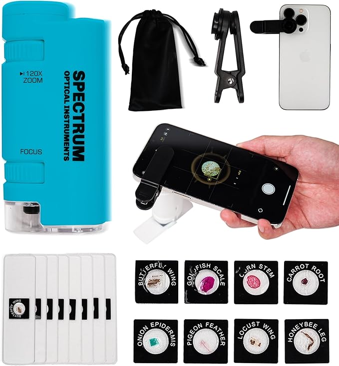Mini Microscope for Kids, 60X-120X Portable Handheld Microscope with 8 Slide Samples, Blue