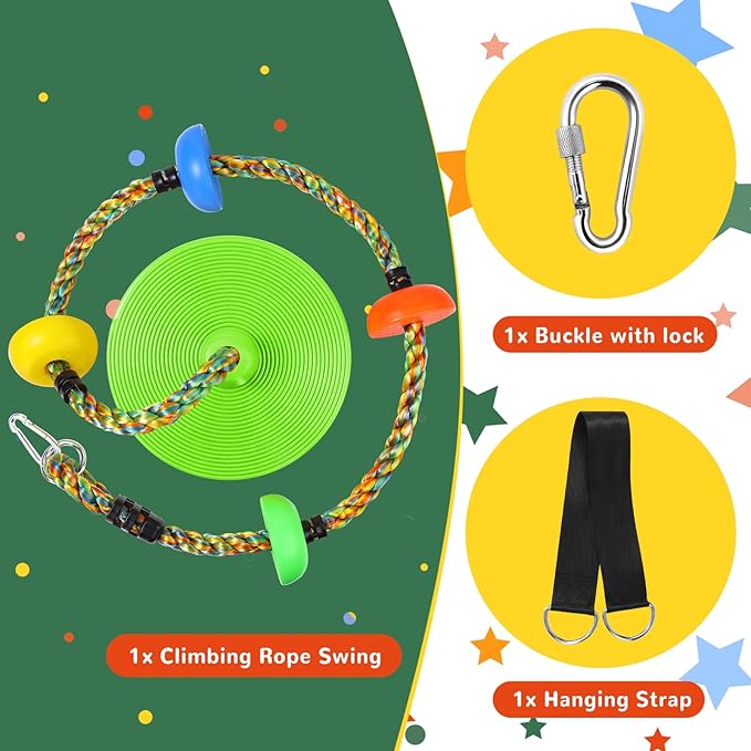 Tree Swing Rainbow Climbing Rope, Heavy Duty Swing Disc Seat Replacement for Kids with Hanging Strap and Platform Carabiners Indoor/Outdoor Playground Accessories (Leaf Green)