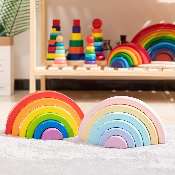Wooden Rainbow Small Stacker, 6 Piece Rainbow Stacking Toy for Baby/Toddlers/Kids, Montessori Education Pastel Rainbow Decor, Kindergarten Teaching Aid
