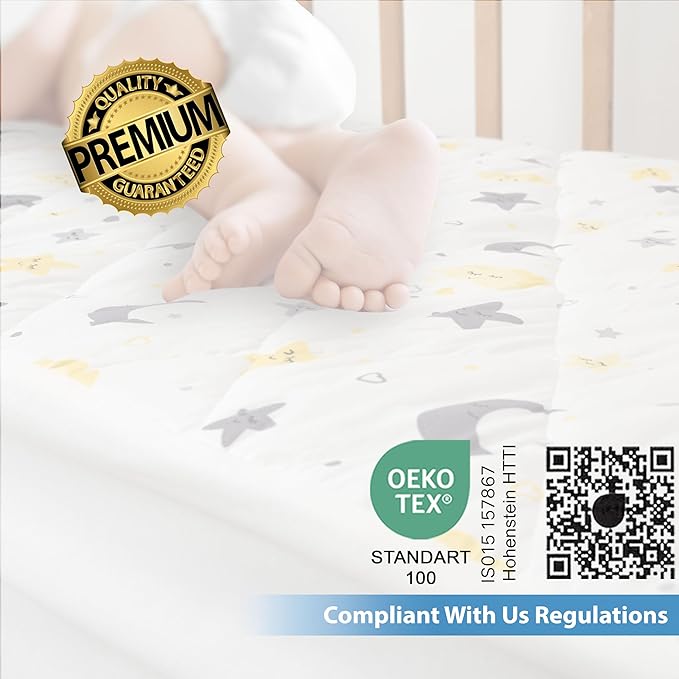Waterproof Crib Mattress Protector Sheets,%100 Cotton Fabric, Absorbent Crib/Toddler Mattress Protector, Quilted, Certified, Noiseless Machine Wash, Moon&Star Pattern 52"x28" (Small Single, 1, Pack)