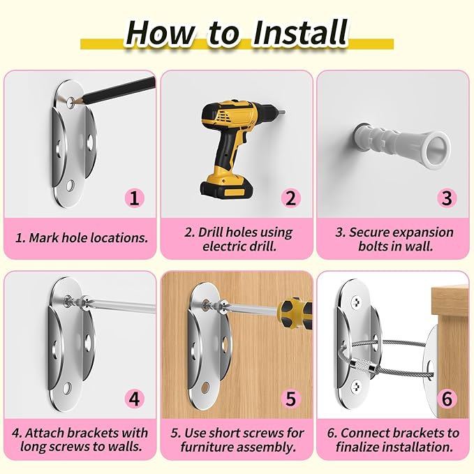 Anti Tip Furniture Anchors (6 Packs) Furniture Anchors for Baby Proofing, Earthquake Straps for Furniture Dresser Wall Safety Anchor Furniture Safety Straps Wall Straps, Silver