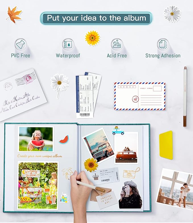 popotop Photo Album Self Adhesive with Picture Display Window,40 Pages DIY Scrapbooking Supplies Kit for 4x6 8x10 Picture,Linen Cover Memory Book for Baby Wedding, with Scraper and Metallic Pen