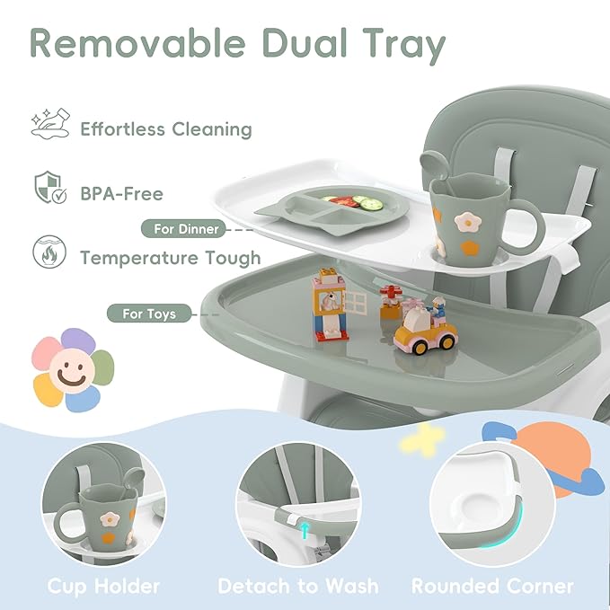 Xilingol 8 in 1 Convertible Baby High Chair W/Wheels, Baby Feeding Chair W/Adjustable Backrest & Removable Dual Tray, Building Block Table & Chair Set, HighChair for Babies & Toddlers (Green)