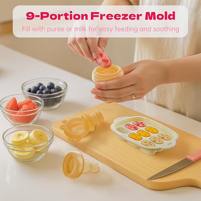 Baby Food Fruit Feeder & Freezer Tray, Auto-Push Fresh Food Feeder Pacifier for Self Feeding, Breastmilk Popsicle Molds for Baby Teething Relief, BPA-Free Silicone, 2 Sizes for 3-12 Months