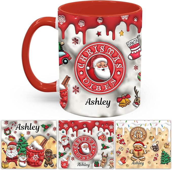 Personalized 3D Effect Christmas Mugs with Names, Santa Claus Coffee Mug, Custom Reindeer Accent Mug Christmas Gifts For Women Men Friends Family Gingerbread Man Mug 11 Oz