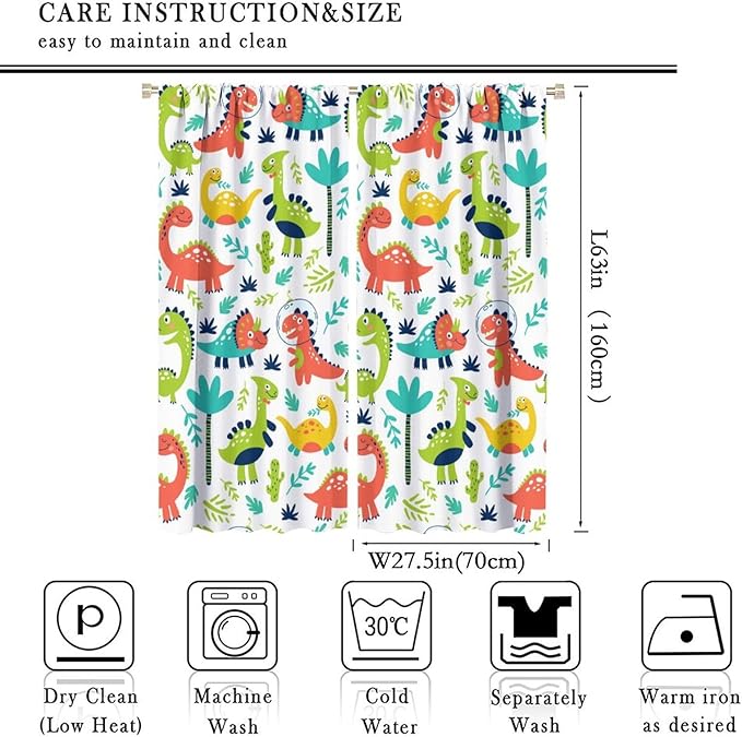 Rustic Dinosaurs Curtains Colorful Dino Kids Boys Cartoon Cute Cool Funny Decor Printed Blackout Rod Pocket Window Drapes for Living Room Bedroom W27.5xL63in 2 Panels