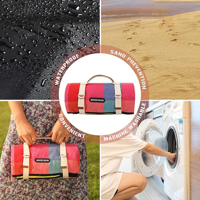 G GOOD GAIN Waterproof Picnic Blanket Portable with Carry Strap for Beach Mat or Family Outdoor Camping Party (red Plaid)