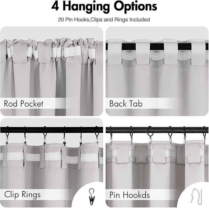 ANRODUO Back Tab Blackout Curtains for Bedroom Living Room, Rod Pocket Pinch Pleated Thermal Insulated Room Darkening Curtains 96 Inches Long 2 Panels, Greyish White, 42 x 96 Inch