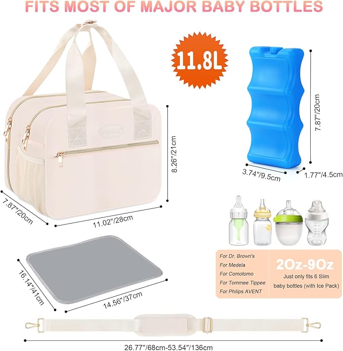 PIIOSER Breastmilk Cooler Bag with Ice Pack, Fits 6 Baby Bottles Up to 9 Ounce, Insulated Bottle Travel Bags with Shoulder Strap-Wearable Breast Pump Carrying Case for Nursing & Working Moms