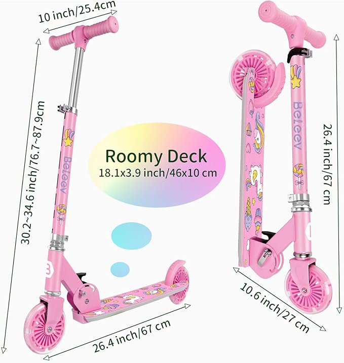 BELEEV V2 Scooters for Kids with Light-Up Wheels & Stem & Deck, 2 Wheel Folding Scooter for Girls Boys, 3 Adjustable Height, Non-Slip Pattern Deck, Lightweight Kick Scooter for Children Ages 3-12
