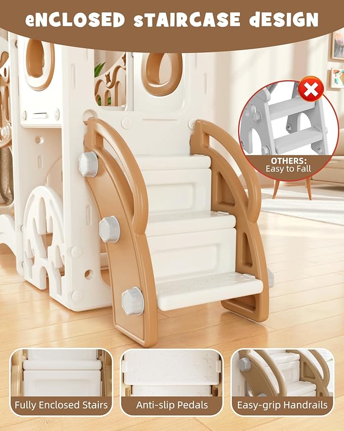 YUFU Toddler Slide Set, 11 in 1 Kids Slide for Toddlers 1-3, Toddler Playset with Climbing Bridge, Golf Set, Basketball Hoop, Indoor Outdoor Playground (Brown)