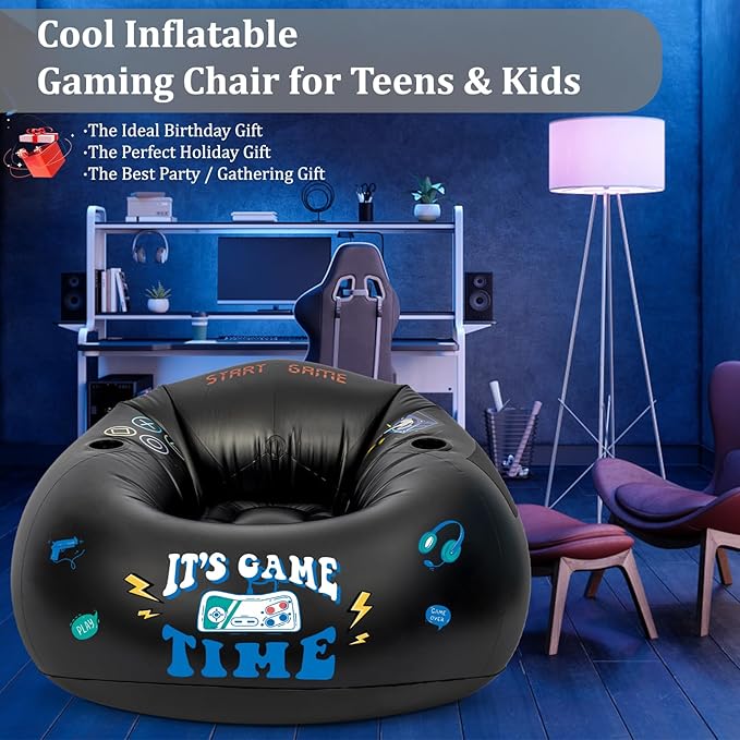 Inflatable Gaming Chair for Kids, Floor Bean Bag Chair for Teens - Boys Room Furniture with Cup Holder and Side Pocket, Inflatable Gaming Couch for Boys Room, Cool Kids Blow Up Couch Decor for Teens