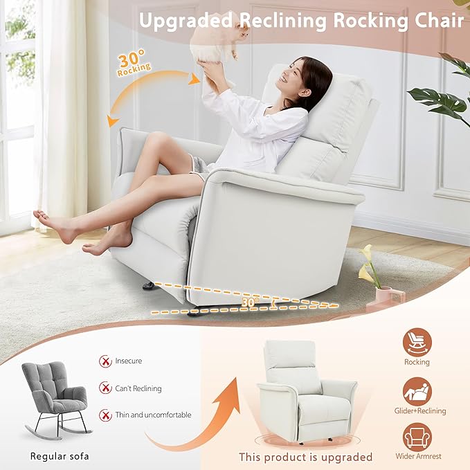 Manual Rocker Recliner Chair with Glider Motion for Nursery, 150° Recline & Wide Armrests - Overstuffed Leather Nursery Chair for Small Spaces, Living Room, Bedroom