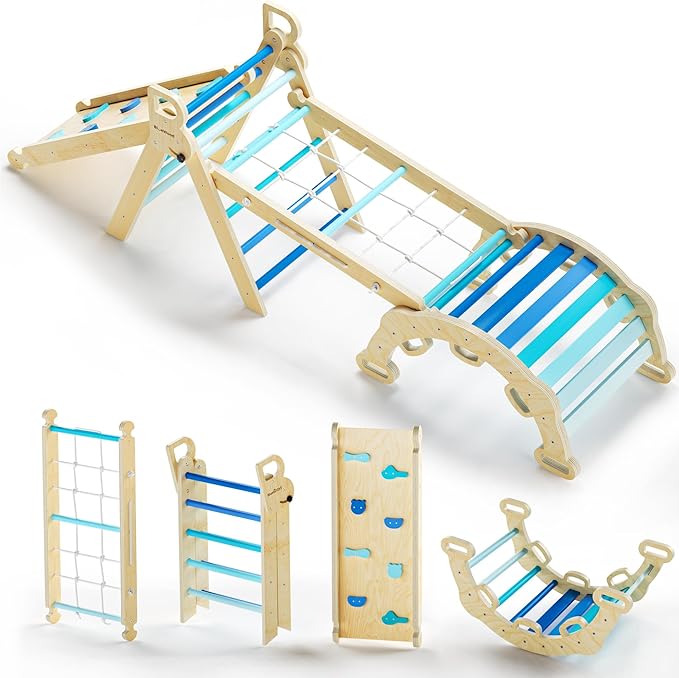 BlueWood 2025 8-in-1 Pikler Triangle Climbing Set Toddler Toys Indoor Baby Jungle Gym Climber Playground for Kids - Sky Blue