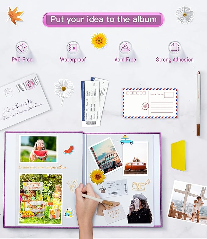 popotop Photo Album Self Adhesive with Picture Display Window,60 Pages DIY Scrapbooking Supplies Kit for 4x6 8x10 Picture,Linen Cover Memory Book for Baby Wedding, with Scraper and Metallic Pen