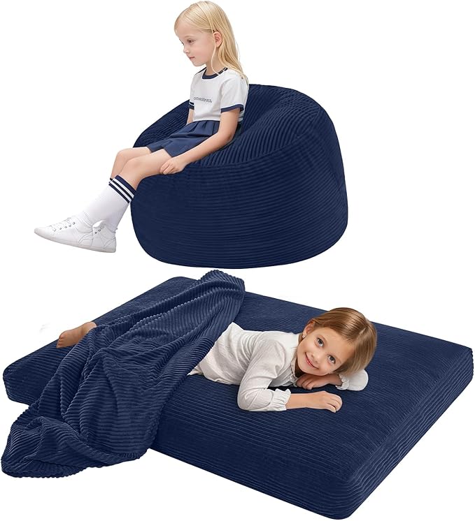 COMAX Kids Bean Bag Chair Turn into Beanbag Bed, Toddler Bean Chair Corduroy for Girl Boy Sleeping, Lazy Children Bean Bags with Filler, Convertible Child Floor Mattress, Dark Blue
