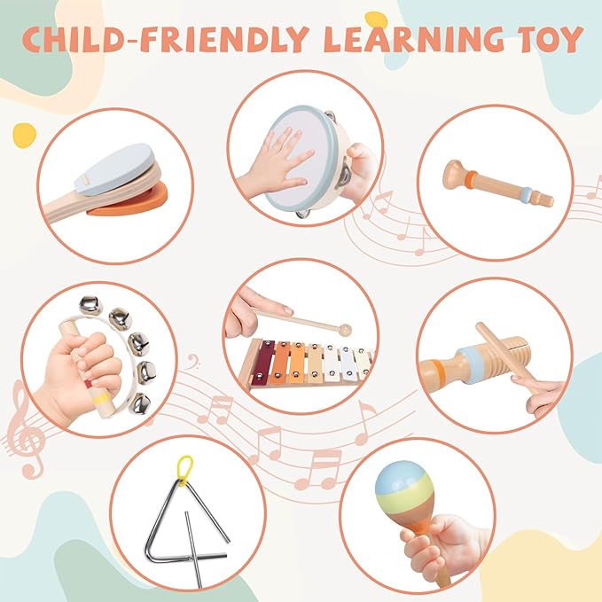 Baby Musical Instruments Set - Montessori Wooden 18 Month Old Baby Musical Toys, Toddler Percussion Instruments Xylophone Maracas Tambourine for Kids, 2 3 4 Year Old Baby Girls Boys Birthday Gifts