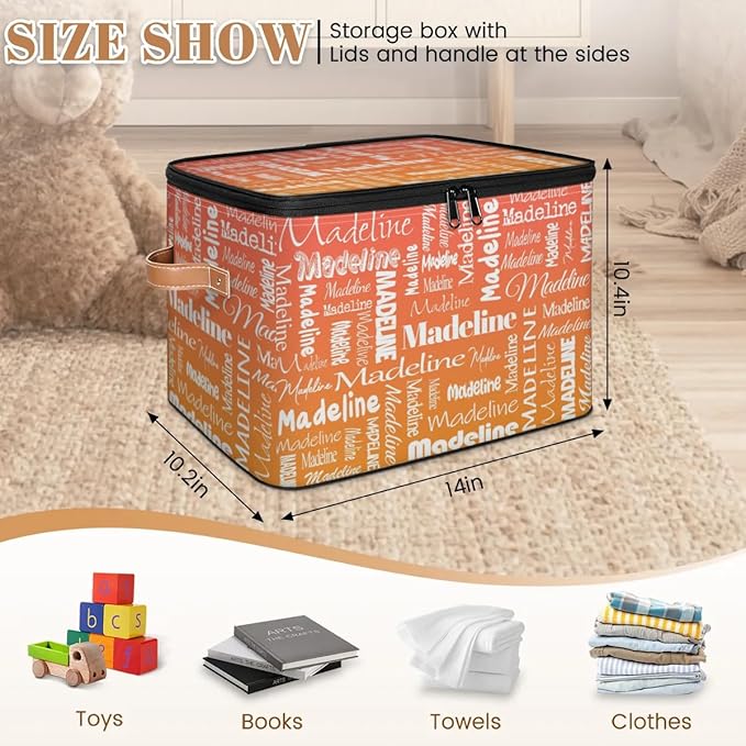 Custom Storage Basket with Name, Personalized Storage Bins with Zipper Lid, Foldable Fabric Storage Box Large capacity with Handle Orange