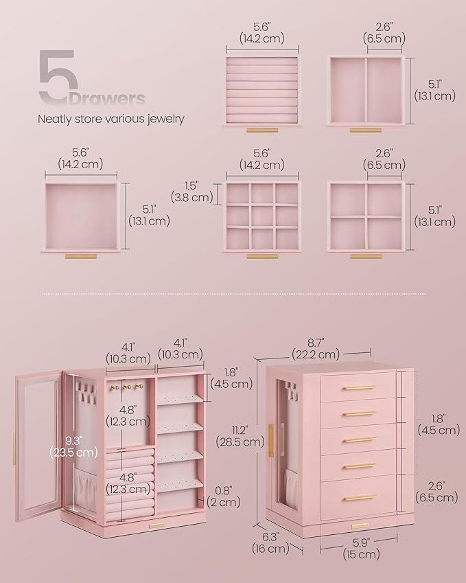 SONGMICS Jewelry Box 360° Rotating, Jewelry Storage Case with 5 Drawers, Jewelry Organizer, Glass Window, Spacious, Vertical Jewelry Storage, Open Design, Great Gift, Jelly Pink UJBC170R01