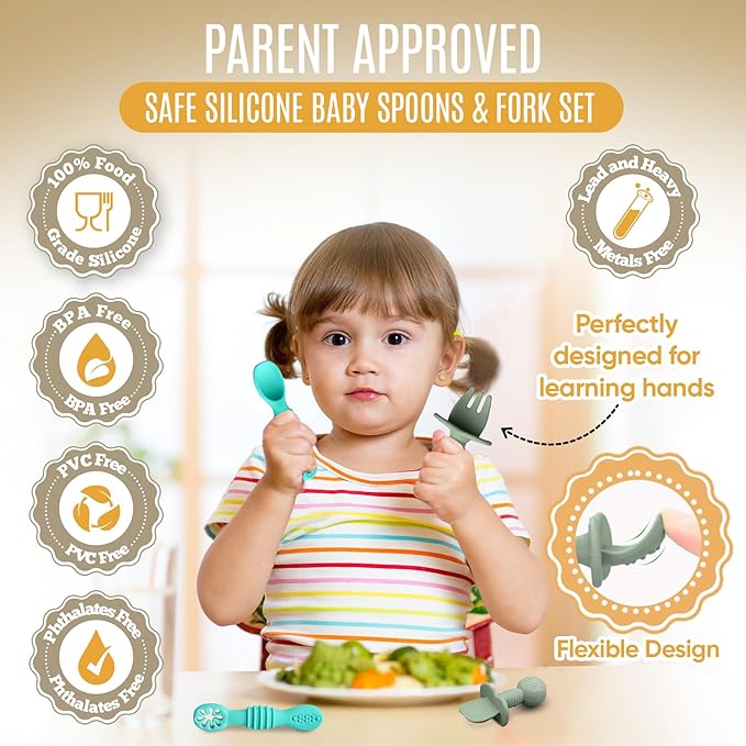 8pc Silicone Baby Spoons & Forks Set – Self Feeding Baby Utensils 6-12 Months – BPA Free, Dishwasher Safe – Toddler Cutlery (Turquoise/Pickle & Green/Yellow)