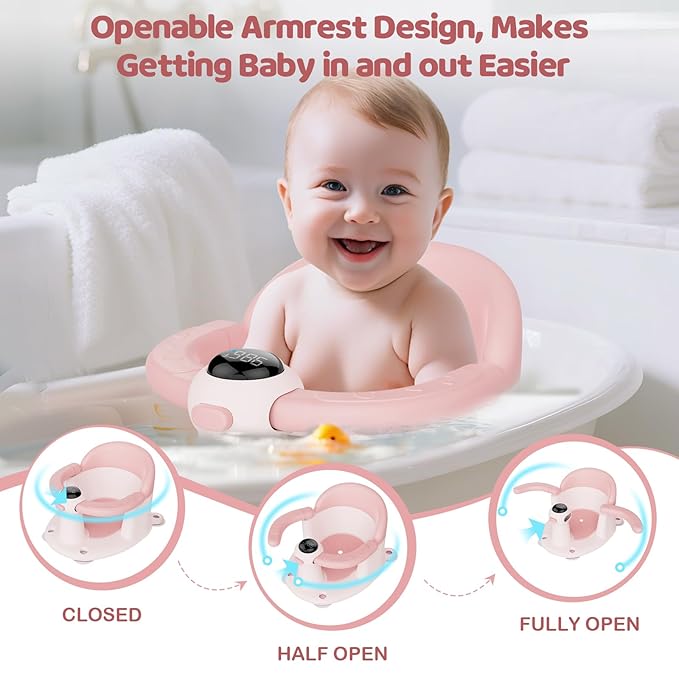 Baby Bath Seat-for Babies 6 Months & up, Water Temperature Display+Soft Cushion, Non-Slip Toddler Bath Seat for Baby, Sit Up Bath Seat for Baby, Pink