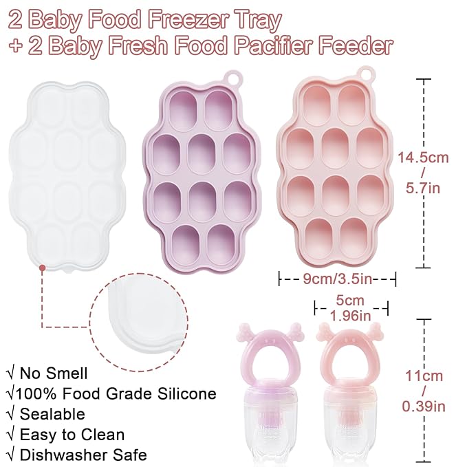 KingKam Baby Breastmilk Popsicle Molds & Baby Fruit Feeder (2 Pack), Baby Food Freezer Tray Storage Containers, Silicone Pacifier Feeder and Teether