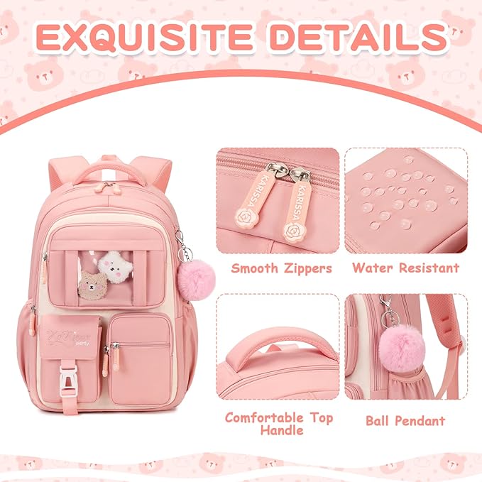 Kids Backpack for Girls School Bags for Middle School Students Book Bag for Elementary Primary Kawaii Ita Backpack, Pink and Beige