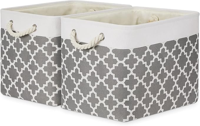 Bidtakay Large Fabric Storage Basket Set of 2 Collapsible Rectangle Basket for Shelves 16" X 11.8" X 11.8" Decorative Organizer Bins for Clothes Toys(White&Quatrefoil Grey)