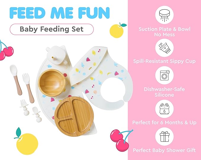 Bamboo Baby Feeding Set for Infants & Toddlers - Baby Essentials, Non-Toxic, Sustainable, Bamboo Suction Plate & Bowl, Bib, Sippy Cup w/Lid & Straw, Daily Use, Travel, Baby Shower Gifts (Vanilla)