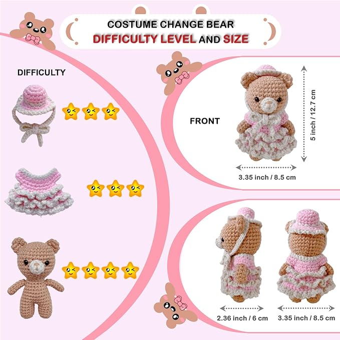 LoopMap Crochet Kit for Beginners - DIY Amigurumi Bear with Removable Dress & Accessories - Step-by-Step Video Tutorials, Extra Yarn, Crochet Tools, Handmade Gift for Kids & Adults (Bear K02, Pink)