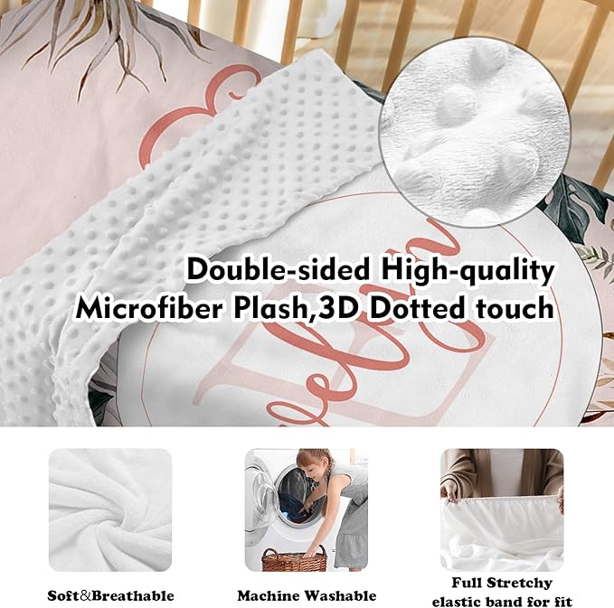 Personalized Nursery Crib Bedding Set: Custom Name 5 Piece Baby Crib Sets with Bohemian Flowers - Toddler Double Layer Blanket Set, Comfortable Crib Bed Sheets for Baby Gril