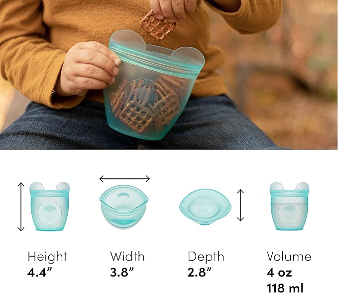 Zip Top Reusable 100% Silicone Baby + Kid Snack Containers - The only containers that stand up, stay open and zip shut! No Lids! Made in the USA - Teal Bear