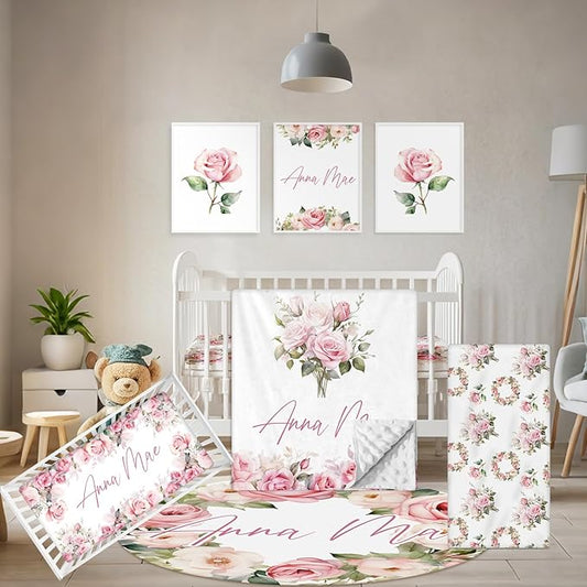 Custom Crib Bedding Set - 5 Pcs Personalized Name Pink Flowers Baby Crib Set for Infant Toddler Girl - Comfortable Double Layer Nursery Bedding Set - Customized Present for Birthday Baby Shower