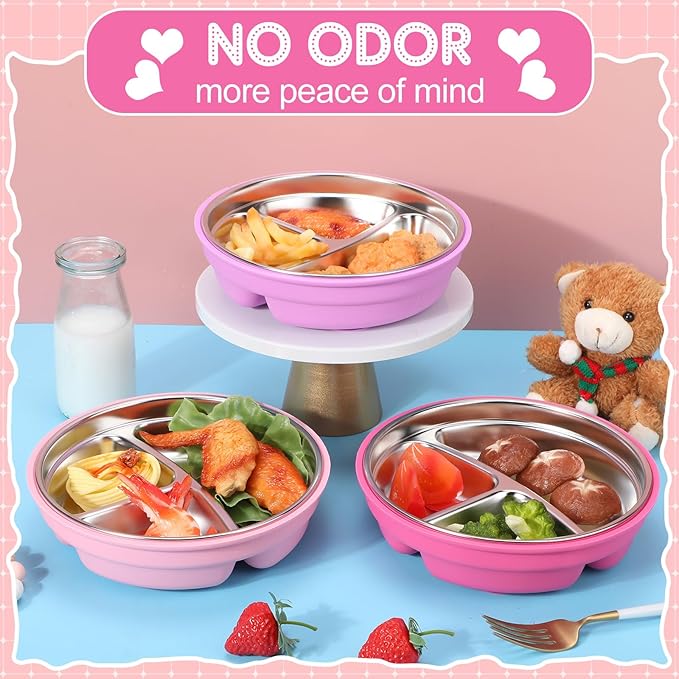 Nuogo 3 Pcs Stainless Steel Baby Suction Plates with Removable Silicone Shell 2-in-1 Metal Toddler Bowl Divided for Picky Eaters Kid Feeding Led Weaning Supply, Dishwasher Safe (Red Series)