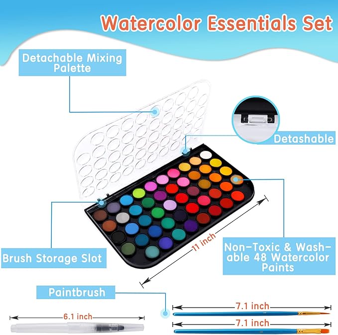 Watercolor Paint, 48 Colors Washable Watercolor Paint Set with a Brush a Refillable Water Brush Pen and Palette, Non-toxic Water Color Paints Sets for Kids Adults Artists Children Students Beginner
