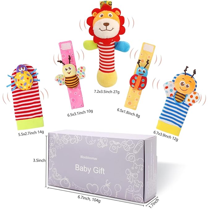 Wrist Rattles Foot Finder Rattle Toy for 0-6 Months Baby, Feet Leg Ankle Socks Arm Hand Bracelet Shaker for 6-12 Months Infant boy & Girl, Gift Set for 0-3 Years Newborn Babies (5 pcs-F)