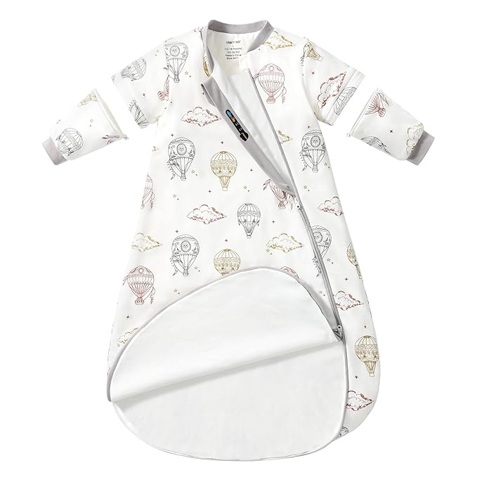 Baby Sleep Sack 3-6 Months, Cotton Detachable Long Sleeve Sleep Sack, 1.0 Tog Toddler Sleeping Sack with Temperature Strips, 2-Way Zipper Wearable Blankets for Newborns, Hot Air Balloon