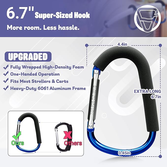 sprookber 6.7 Inch Large Stroller Hooks for Diaper Bags & Purses, Heavy Duty Mommy Hooks for Shopping, Grocery, Backpack – Baby Stroller Accessories, Set of 2 (Bule)