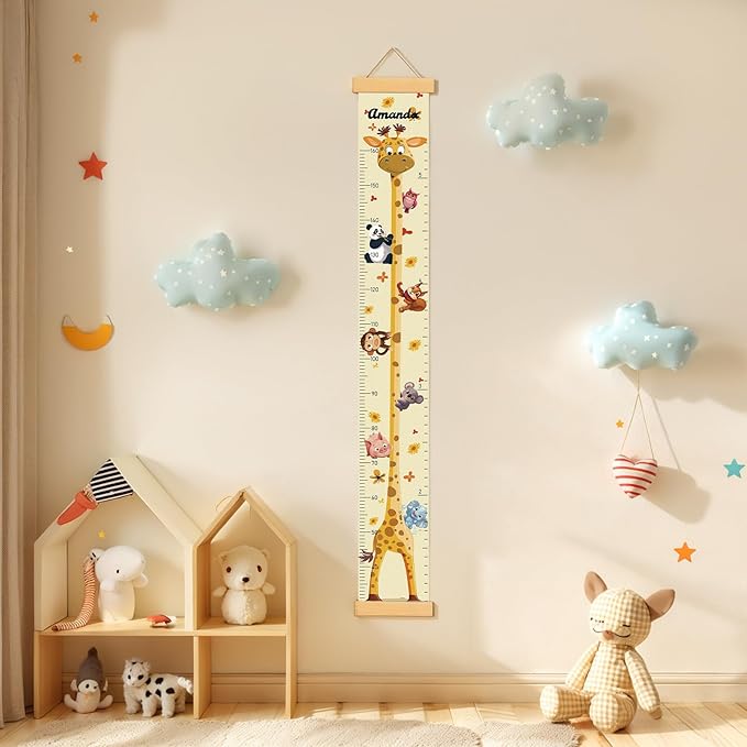 Personalized Name Growth Chart Wall Decor for Kids – Canvas Removable Height Chart Measuring Ruler 59" x 7.9" (Giraffes)